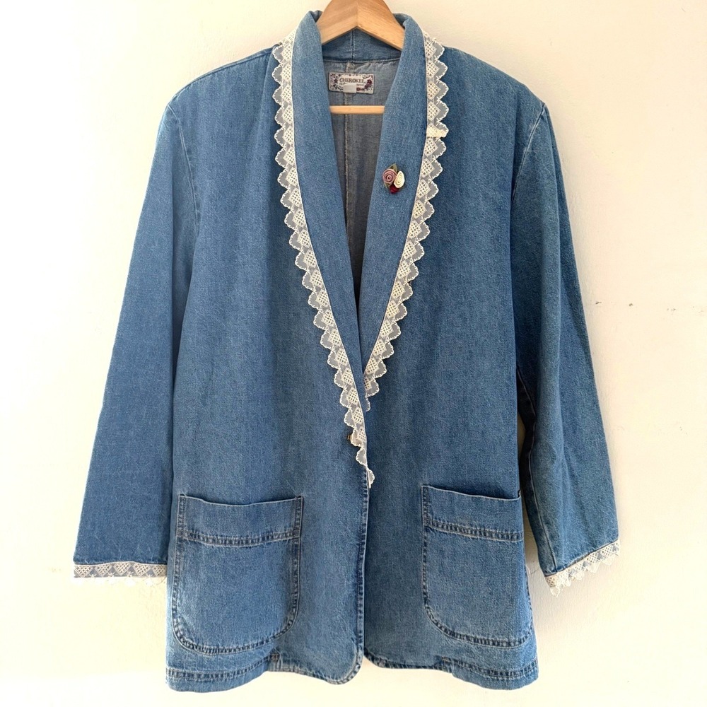 Vintage Cherokee Denim Blazer Lace Trim Shawl Collar USA Made Blue Large